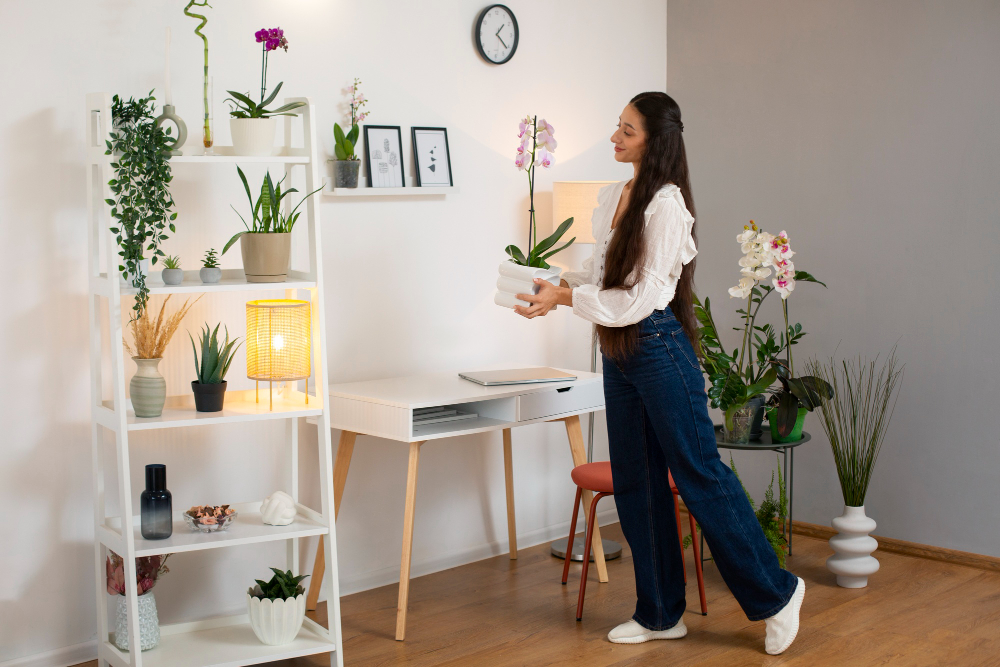 A girl make room beautiful with artificial plants.