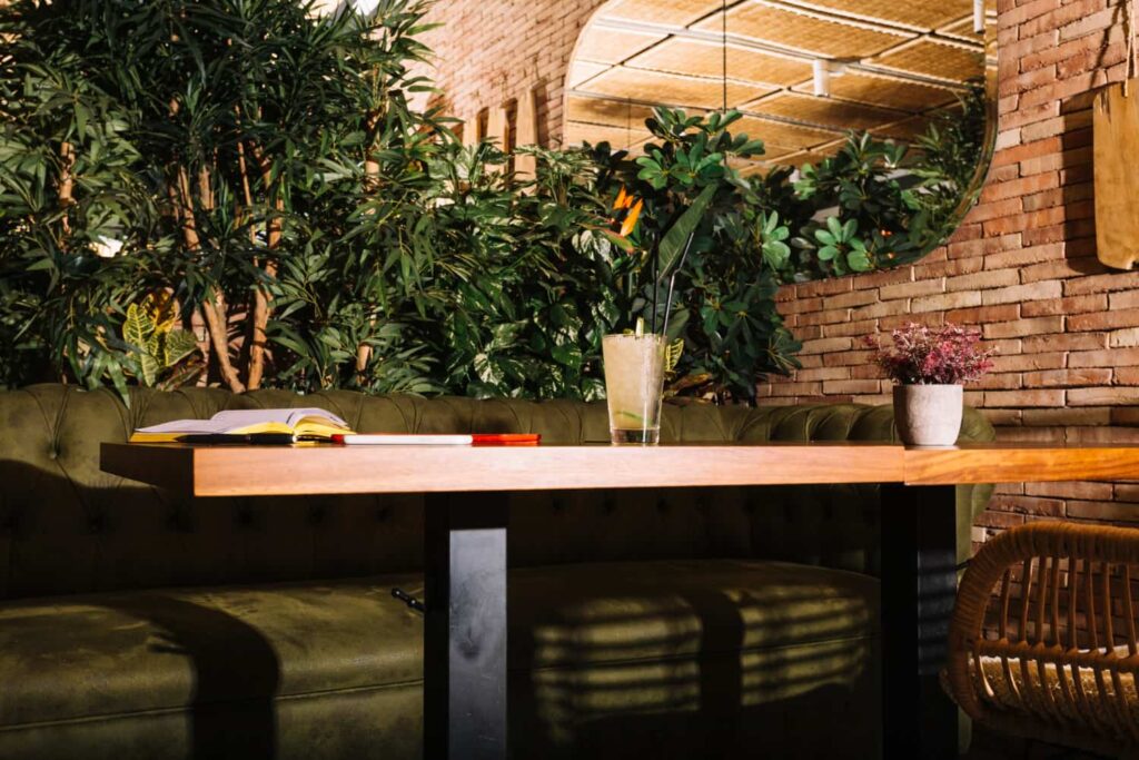 Restaurant decoreed with artificial plants