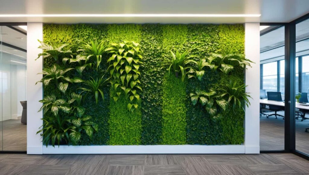 artificial plants and grass filled greenary wall for office