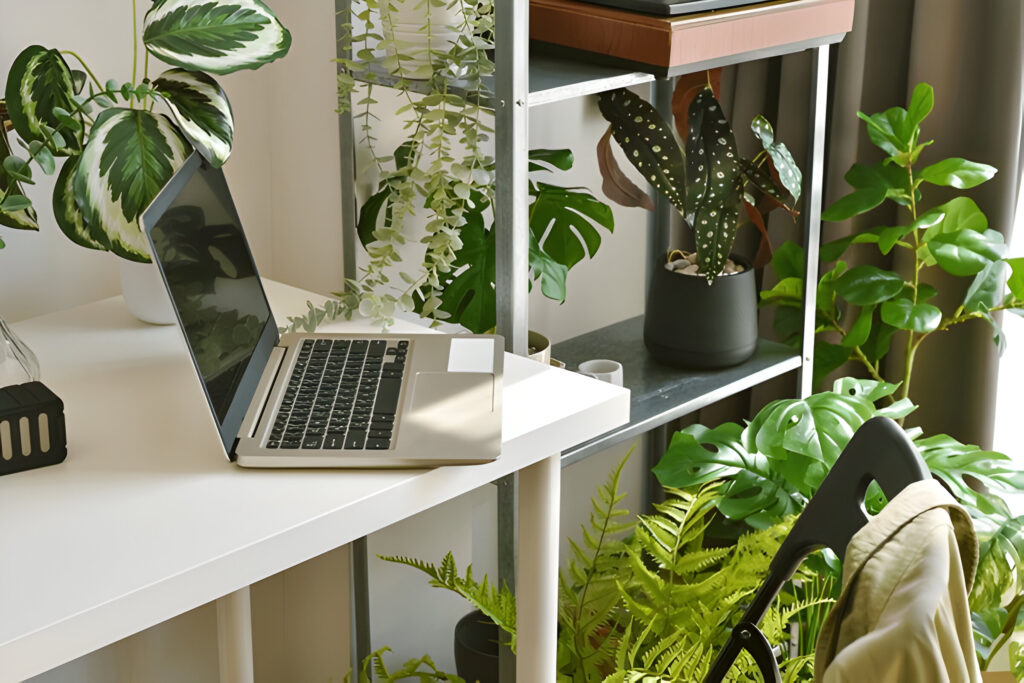 laptop surrounded by artificial plants and trees