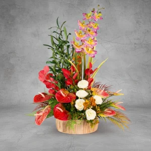 Flower Arrangement Contains Orchids,Anthurium, Roses & olive Sprays