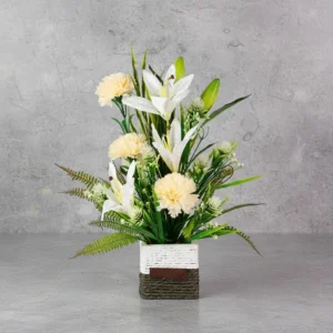 White Tiger lily with renuculus with ferns