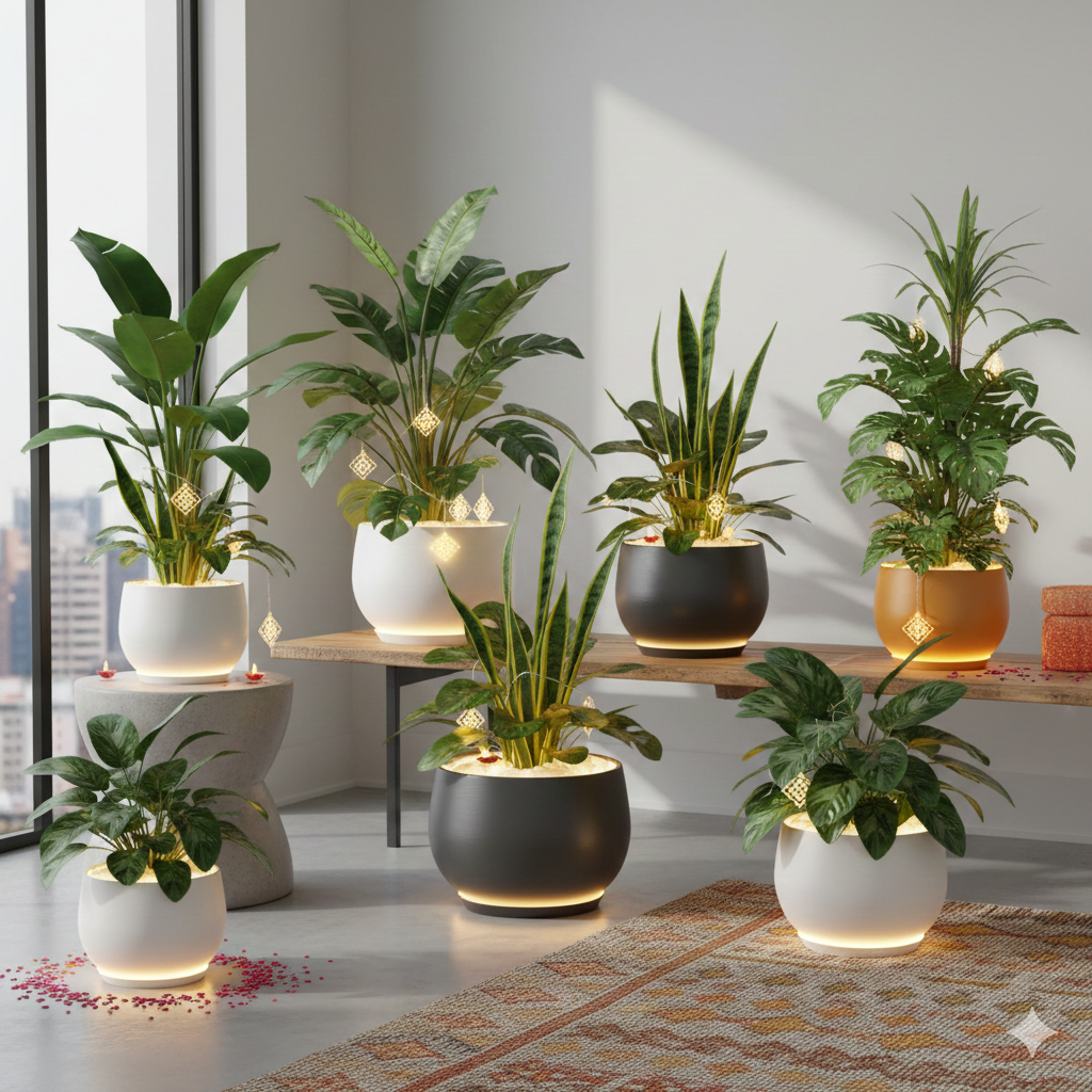 Artificial Plants with LED & FRP Pots A Mess-Free, Modern Way to Decorate Your Home for Pongal