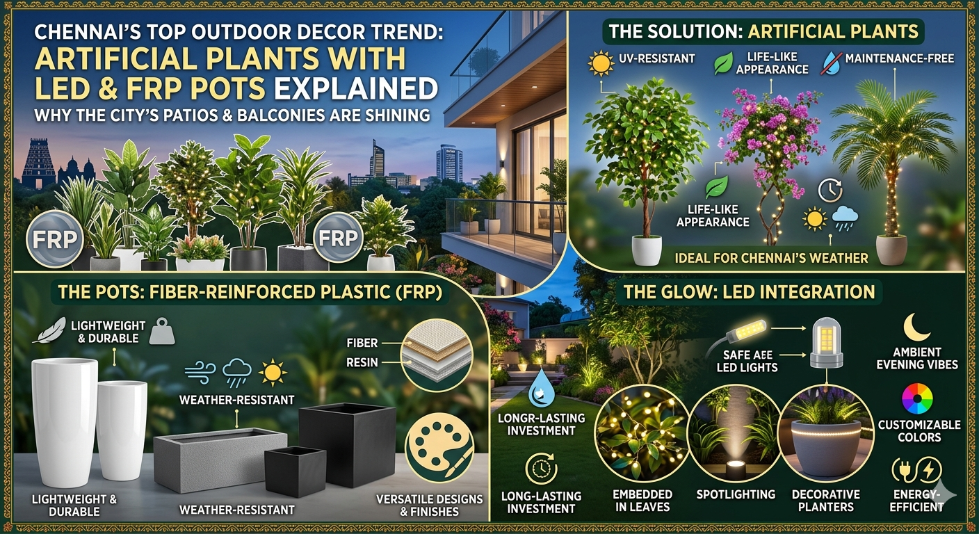 Top Outdoor Decor Trend in Chennai Artificial Plants with LED & FRP Pots Explained