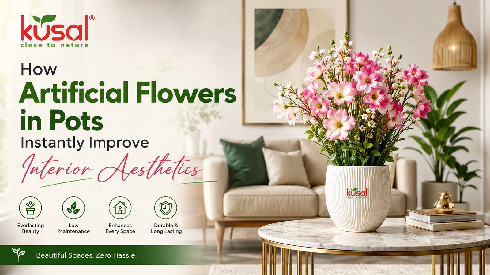 artificial flowers in pots in modern living room