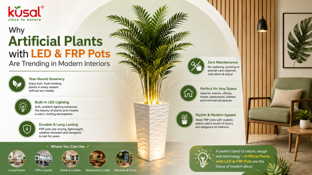 Artificial Plants with LED & FRP Pots enhancing modern home interior with stylish lighting and premium FRP planters.