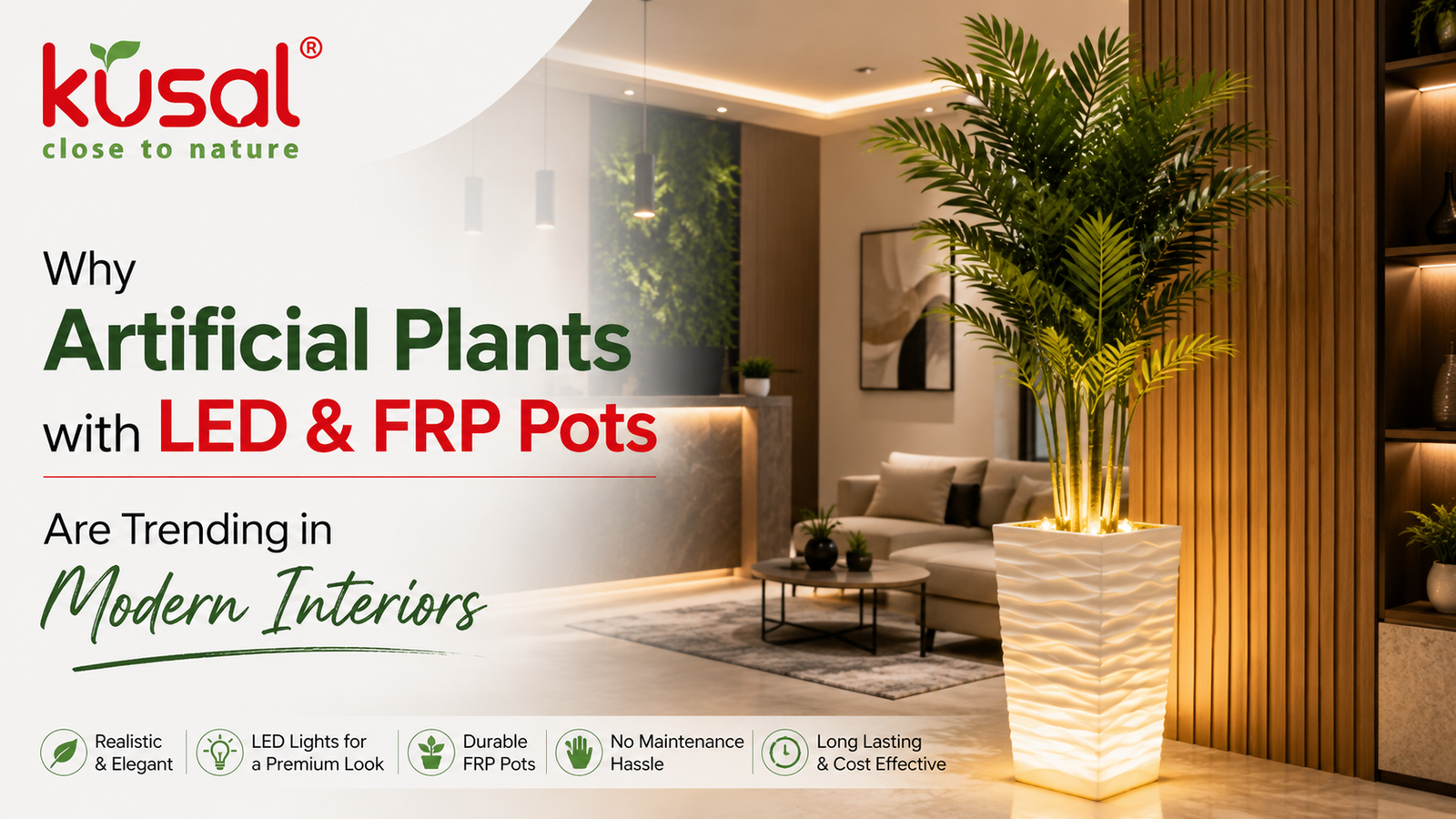 Artificial Plants with LED & FRP Pots enhancing modern home interior with stylish lighting and premium FRP planters.