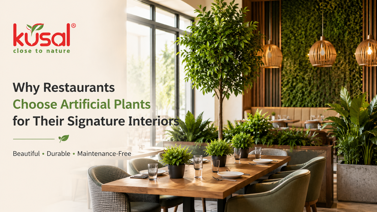 Modern restaurant interior featuring premium artificial plants, green wall décor, and stylish dining space with Kusal logo representing artificial plant decor solutions.