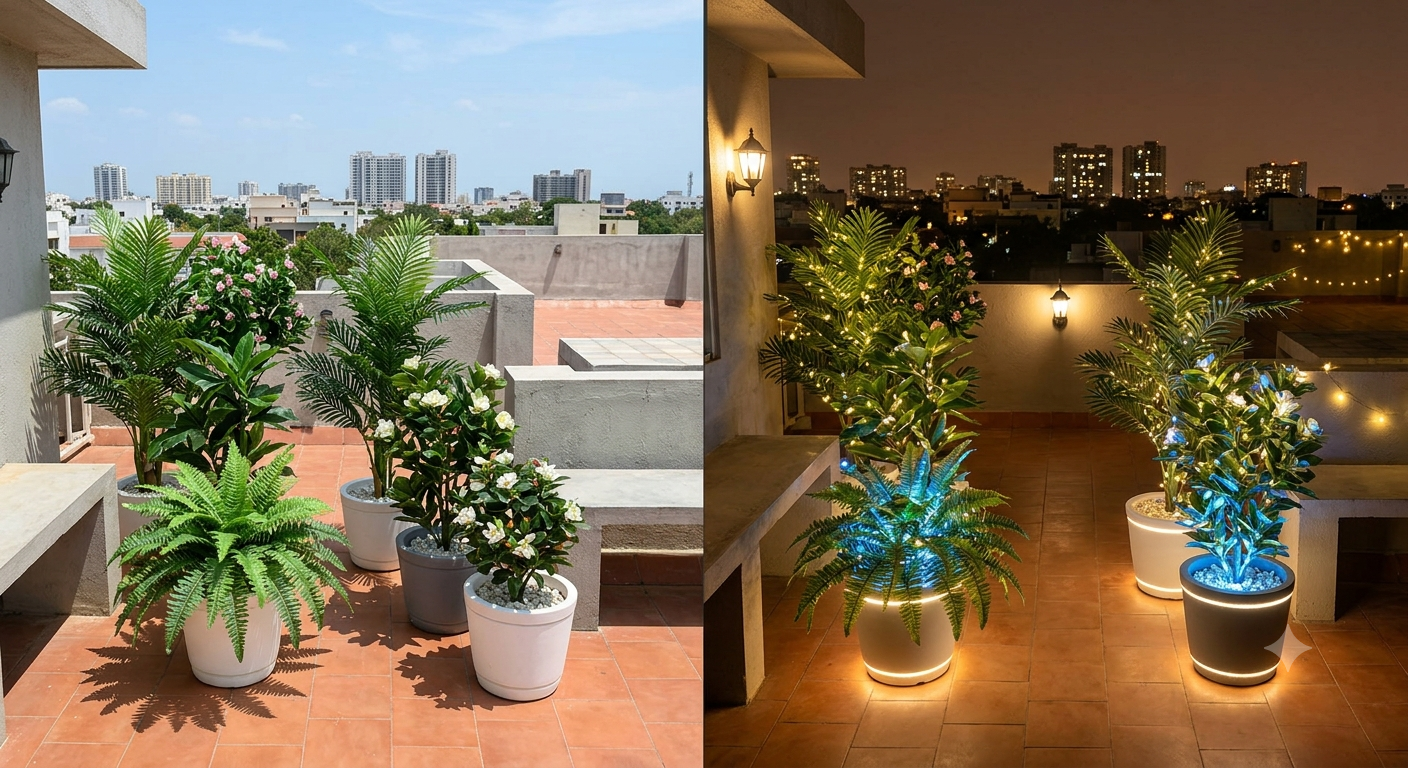 Artificial Plants with LED & FRP Pots Day-to-Night Garden Makeovers for Chennai Terraces